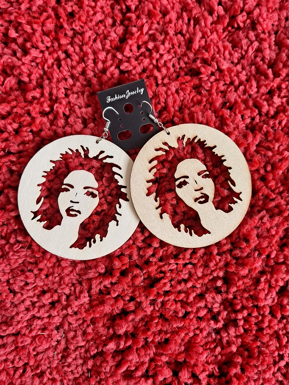 Fashion Jewelry Wooden Afro Woman Cutout Earrings - Red Accent